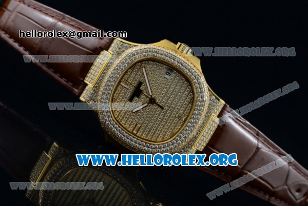 Patek Philippe Nautilus Miyota 9015 Automatic Yellow Gold Case with Diamond Dial and Brown Leather Strap - Click Image to Close